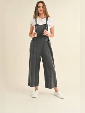 Miou Muse Overall Jumpsuit M Wide Leg Boho Lagenlook Minimalist Washed Tencel